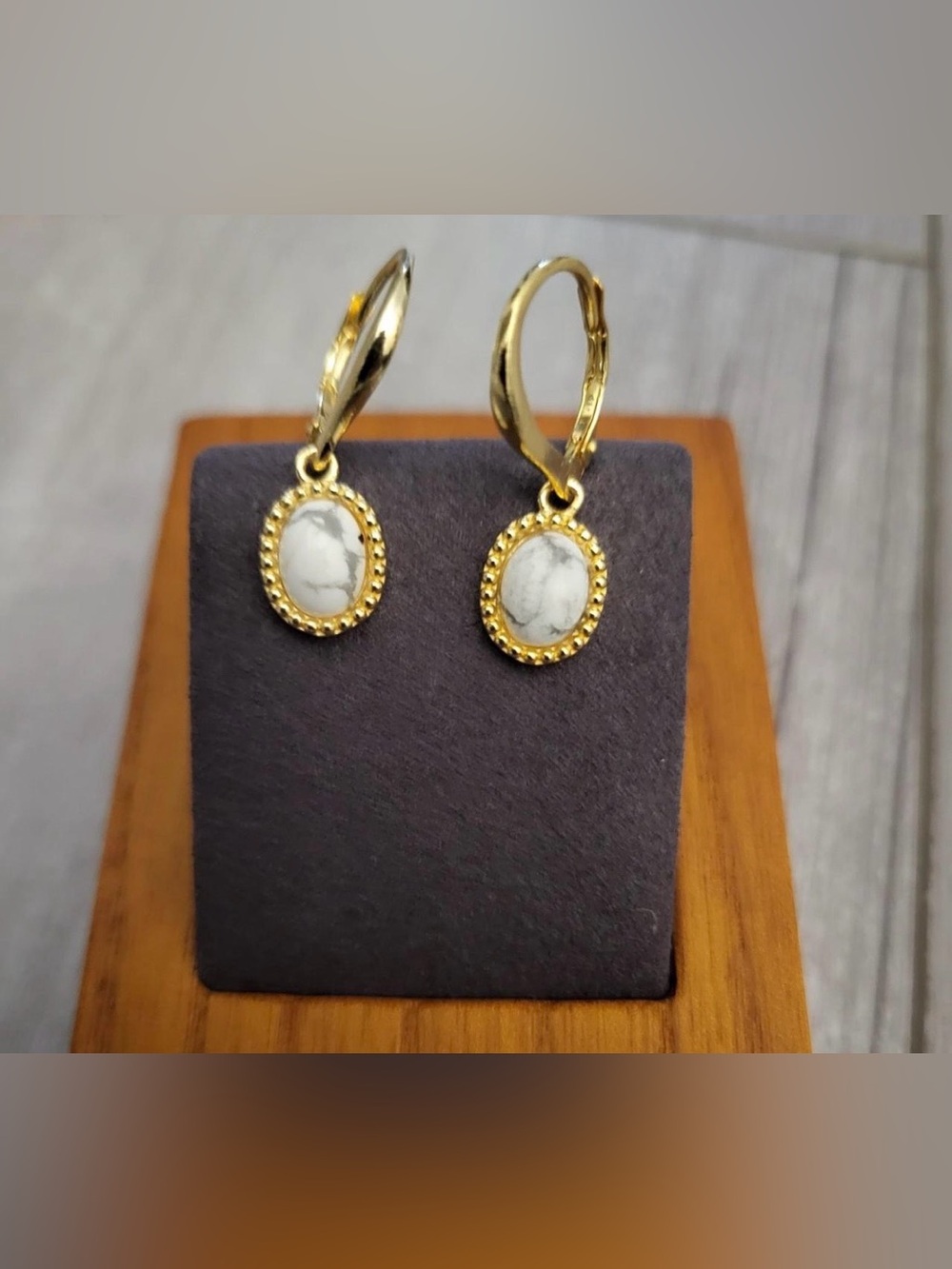 925 Sterling Silver Gold Vermeil Howlite Drop Hoop Earrings